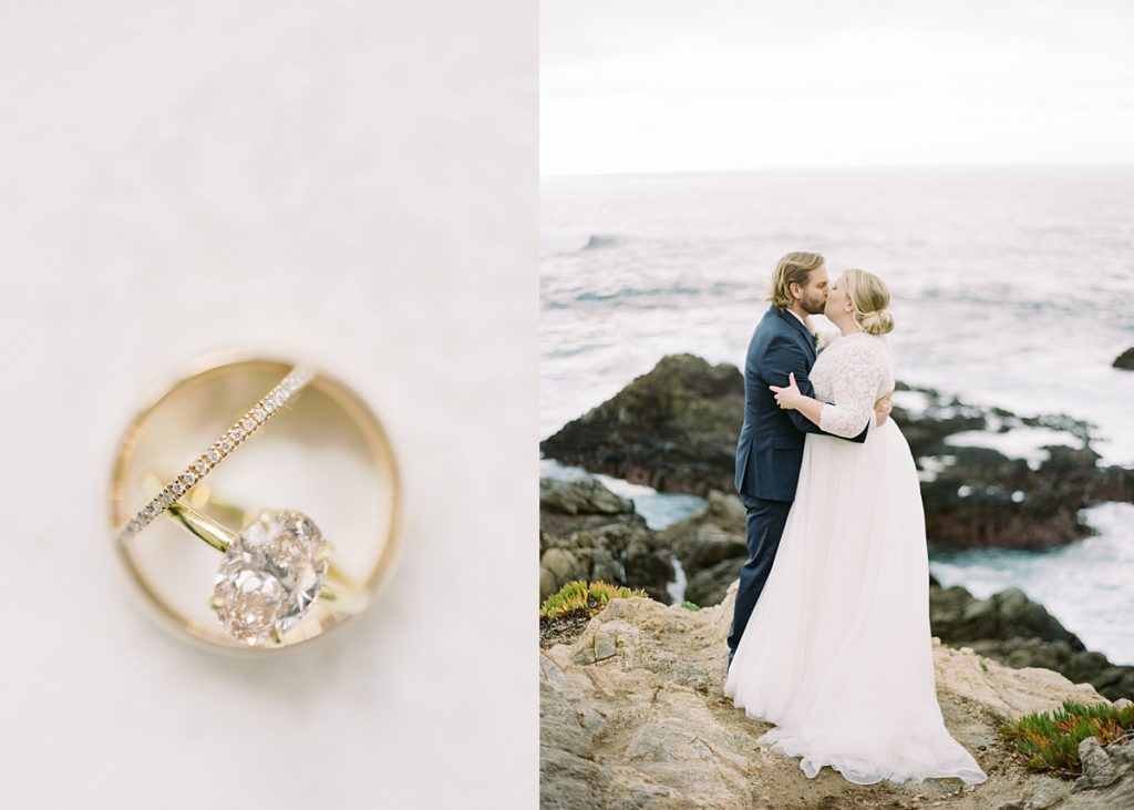 his and hers Pebble Beach intimate wedding rings and bangs; couple sharing a kiss at Pebble Beach with the ocean behind them by film photographer AGS Photo Art