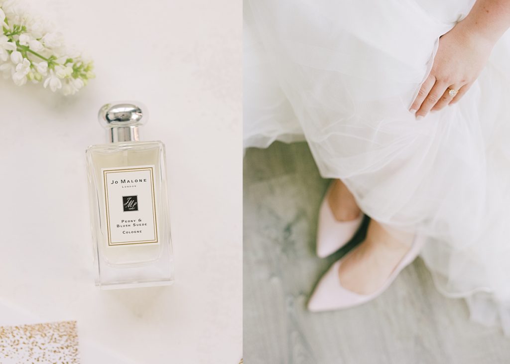 her Pebble Beach wedding day details: Jo Malone Peony & Blush Suede cologne; nude shoes by Rothy's