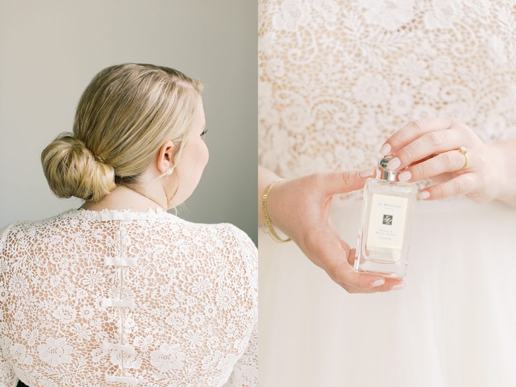 bride's wedding day hair; bride holding a glass cologne bottle, her nails are nude pink