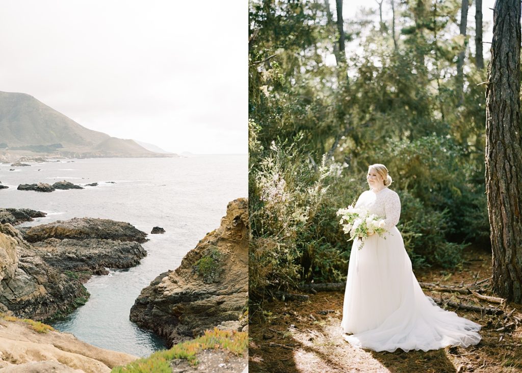 First Look bridal portrait at Pebble Beach Del Monte Forest and view of Pebble Beach