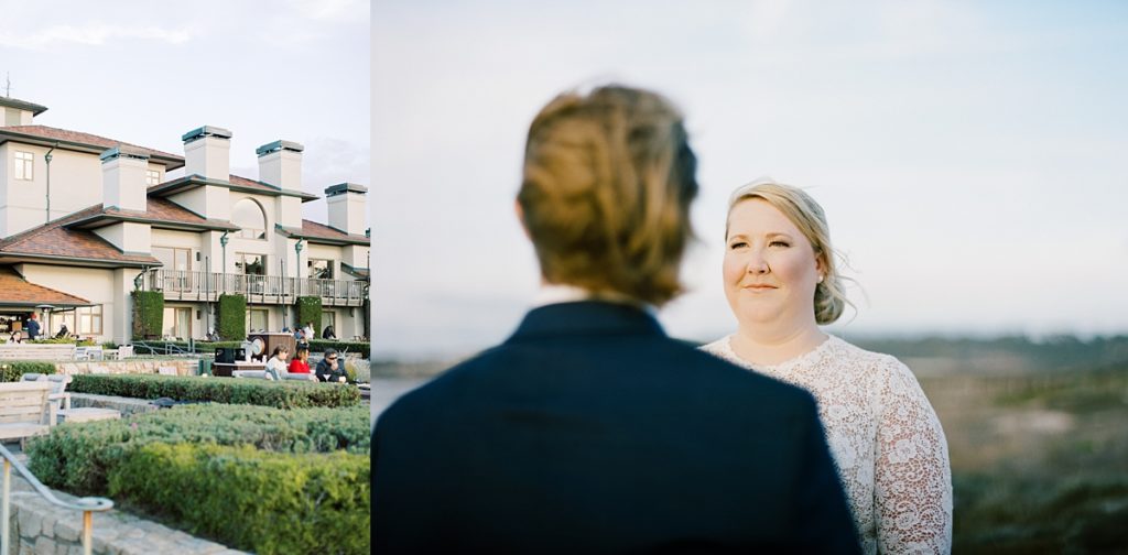 View of The Inn At Spanish Bay; couple looking into each other's eyes on the day of their Pebble Beach Elopement