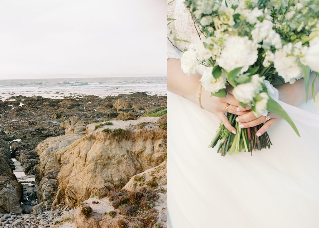 the cliffs of Pebble Beach; bride holding her white flower wedding bouquet