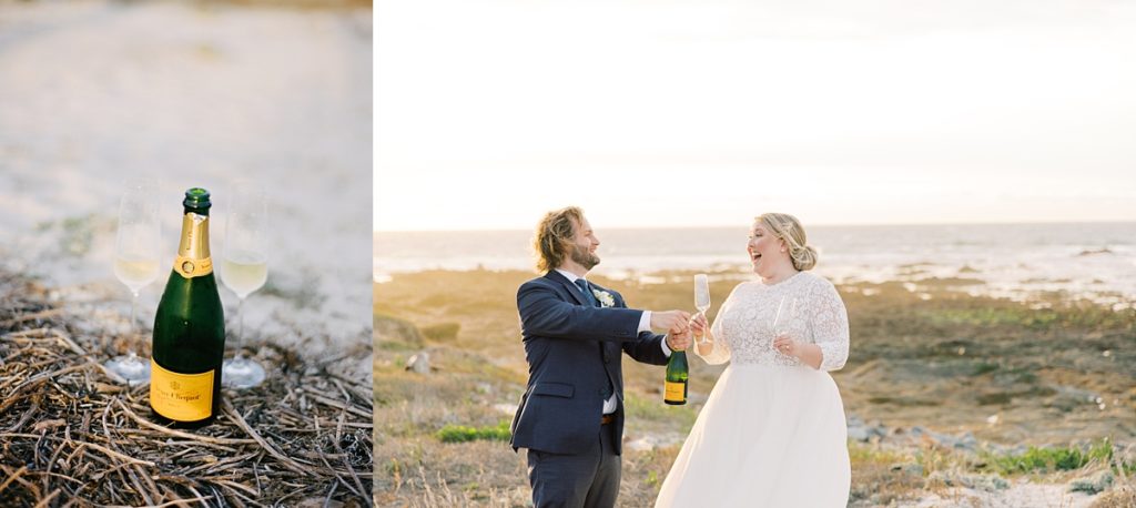 couple popping a bottle and holding champagne flutes the day of their intimate Pebble Beach wedding