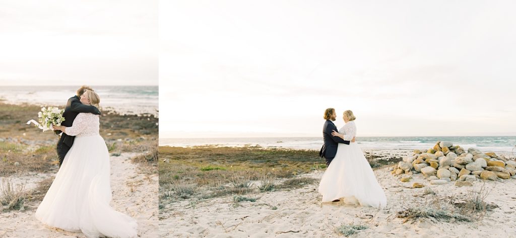 portraits of the couple embracing on the sands of Pebble Beach