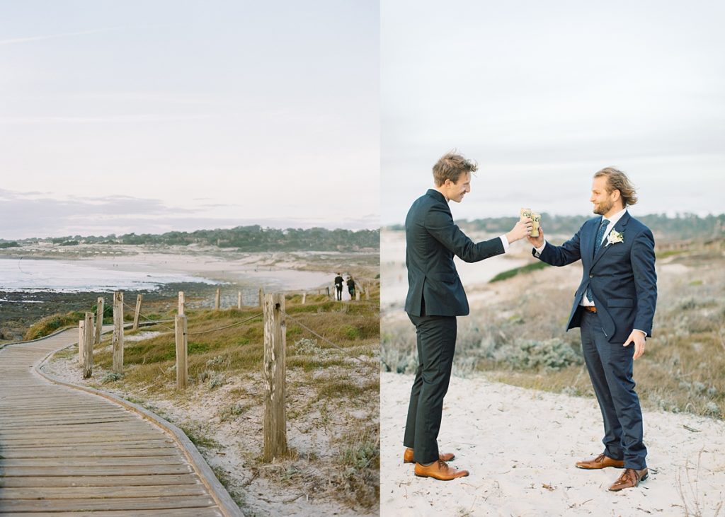 view of Pebble Beach down a wooden bridge walkway; portrait of the groom and officiant