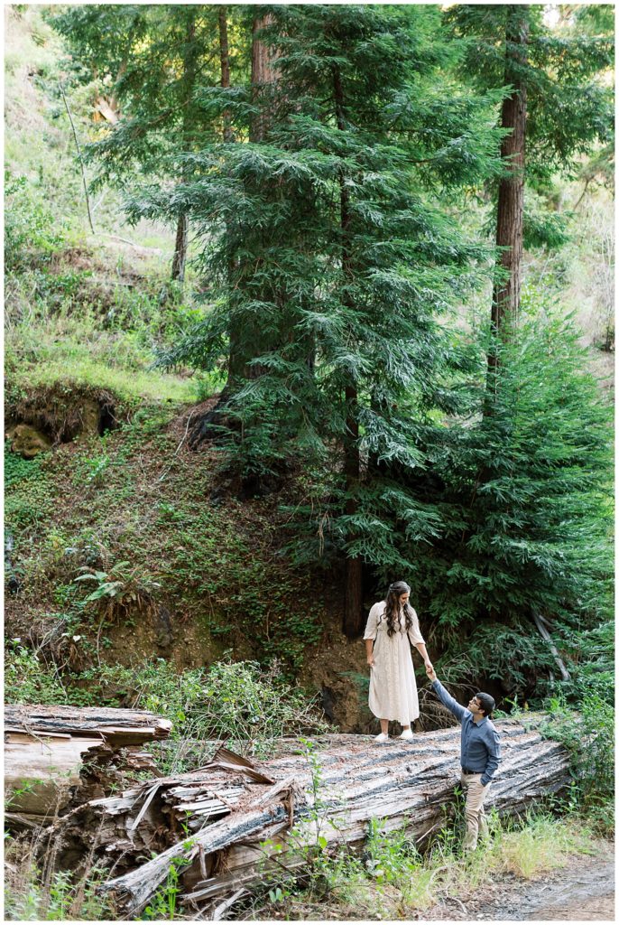 woman in a forest standing on a tall, fallen tree trunk with her fiancé holding her hand below