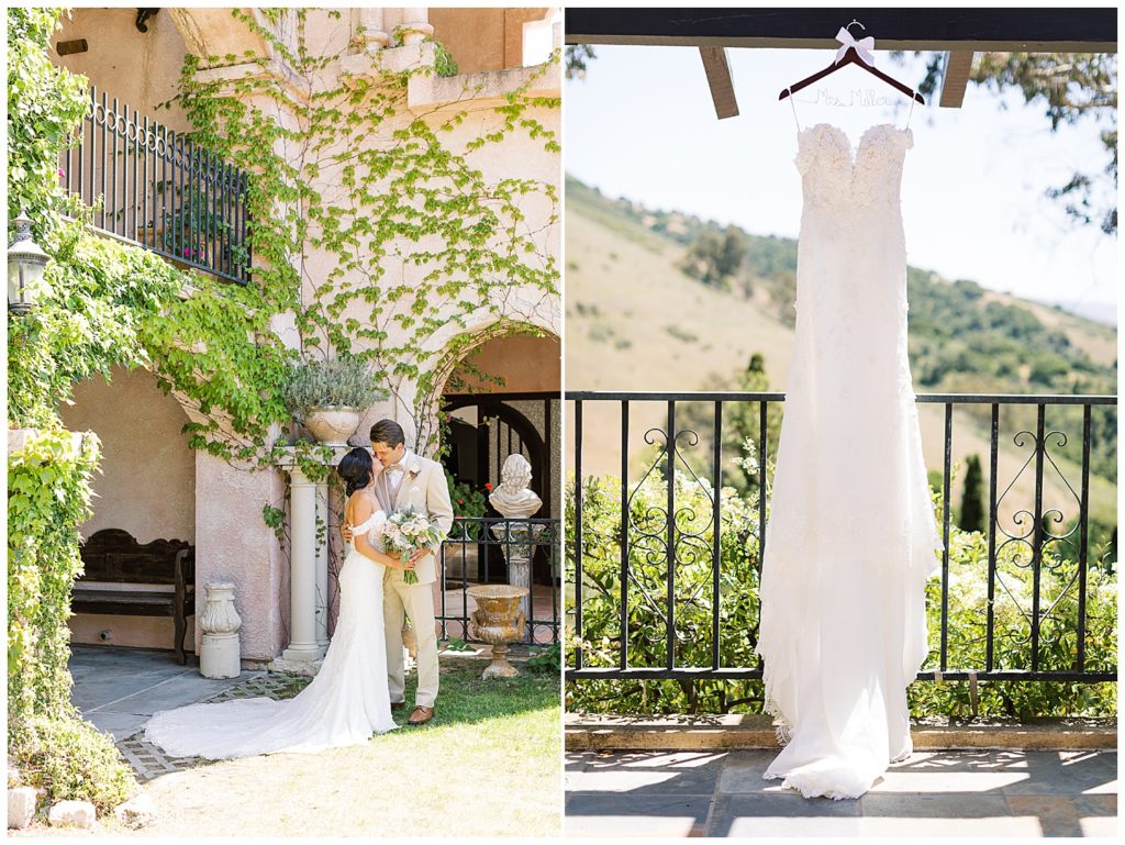 Carmel Valley wedding portrait of the couple sharing a kiss in the courtyard at Chateau Carmel surrounded by climbing ivy vines; photo of the bride's gown by Pronovias hanging from the rafters