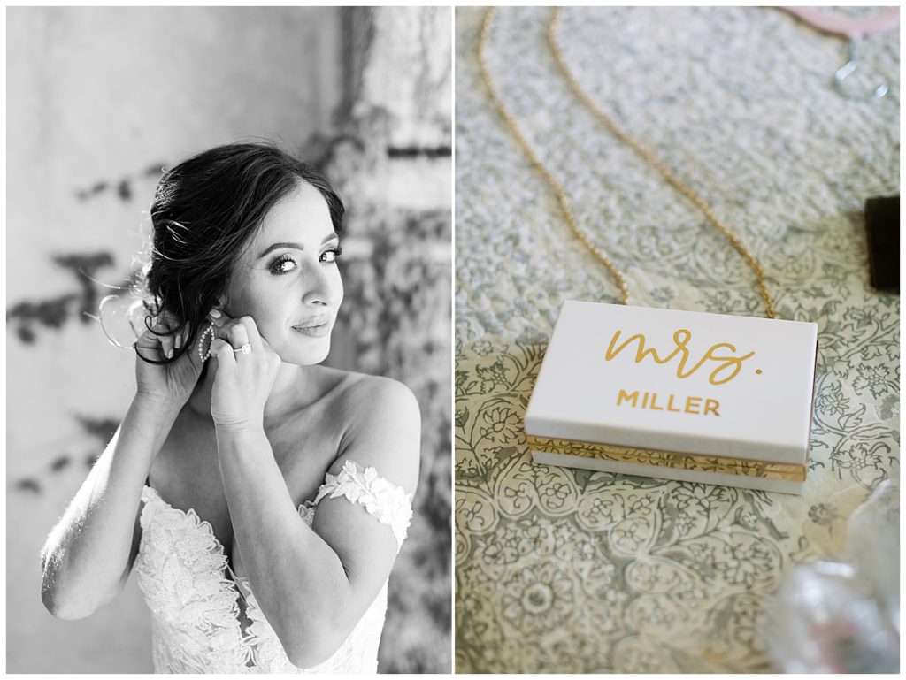 black and white portrait of the bride as she puts on her earrings; white and gold box with "Mrs. Miller" written on it