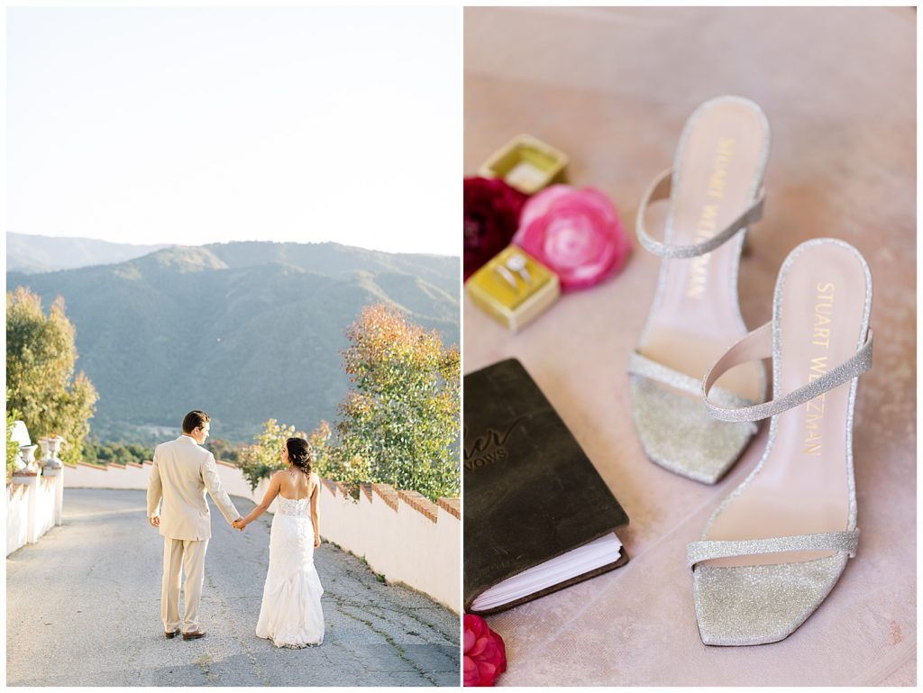 bride and groom hand in hand walking away from the camera and down the driveway at Chateau Carmel; photograph of bridal shoes by Stuart Weitzman near a black vow book, the open ring box, and red and pink flowers