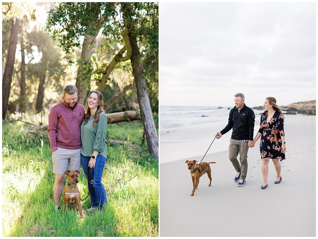 couple at Pebble Beach for their engagement session with their dog, Kona, by film photographer AGS Photo Art