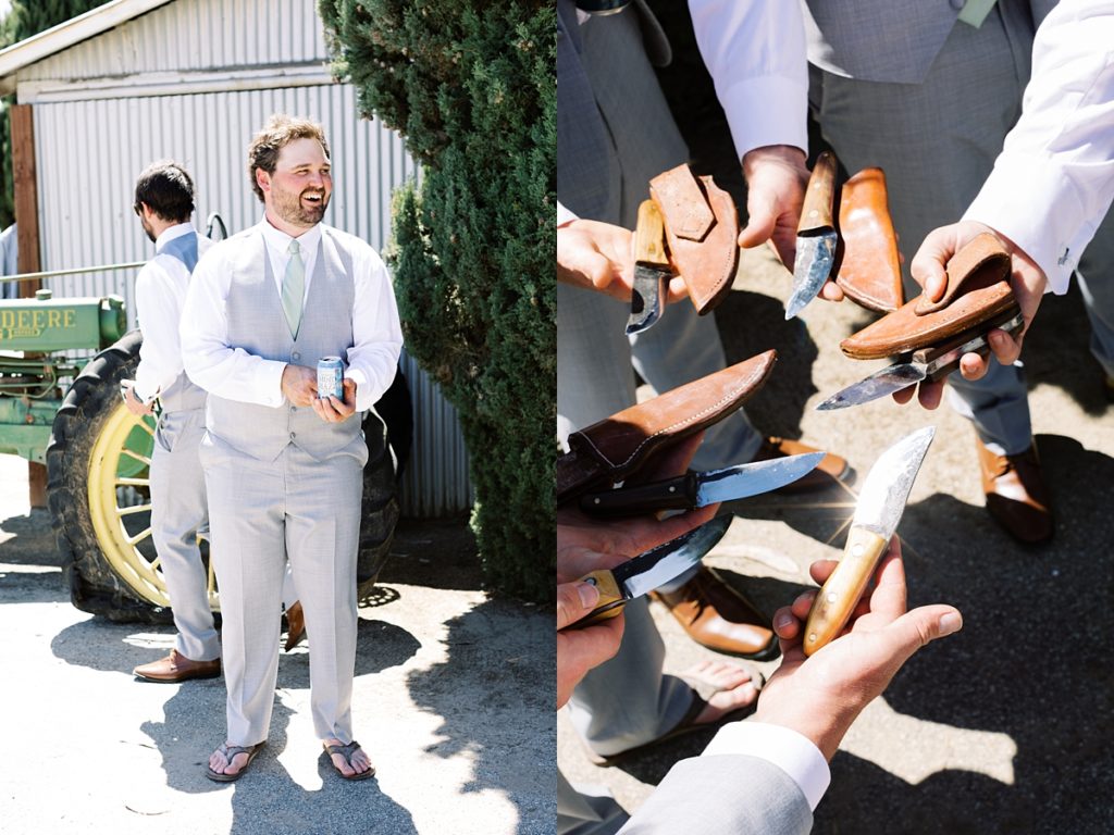 the groom and his groomsmen holding their gifts, which are knives and sheathes