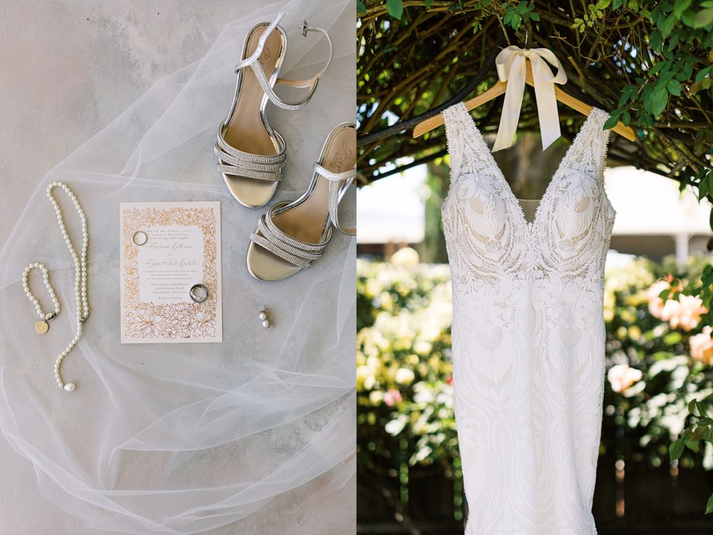 flatlay of Monterey bride wedding details such as pearl jewelry, the invitation suite, and her shoes by Badgley Mischka; photo of the bride's Magnolia by PRONOVIAS wedding dress hanging from a tree branch