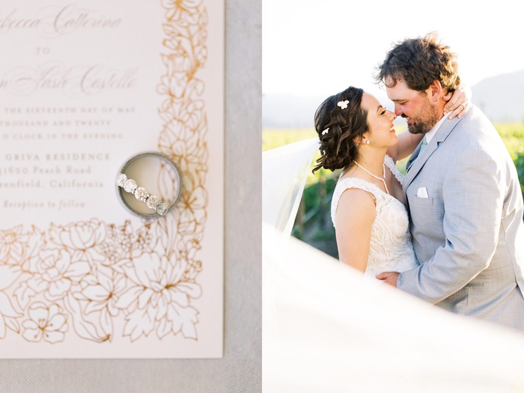 Monterey wedding invite suite details with the bride and groom's rings stacked on each other's; a portrait of the bride and groom smiling at each other by film photographer AGS Photo Art