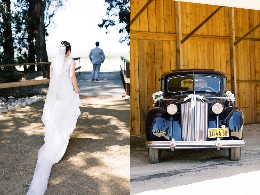 bride approaching her groom for the first look; photo of an old-fashioned car with wedding flowers and ribbons on it