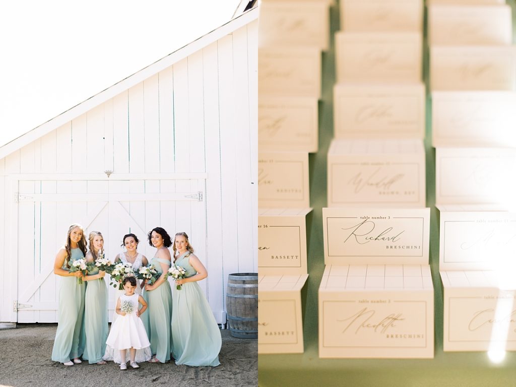 portrait of the bride and her bridesmaids; photo of table cards with the guests' names on them