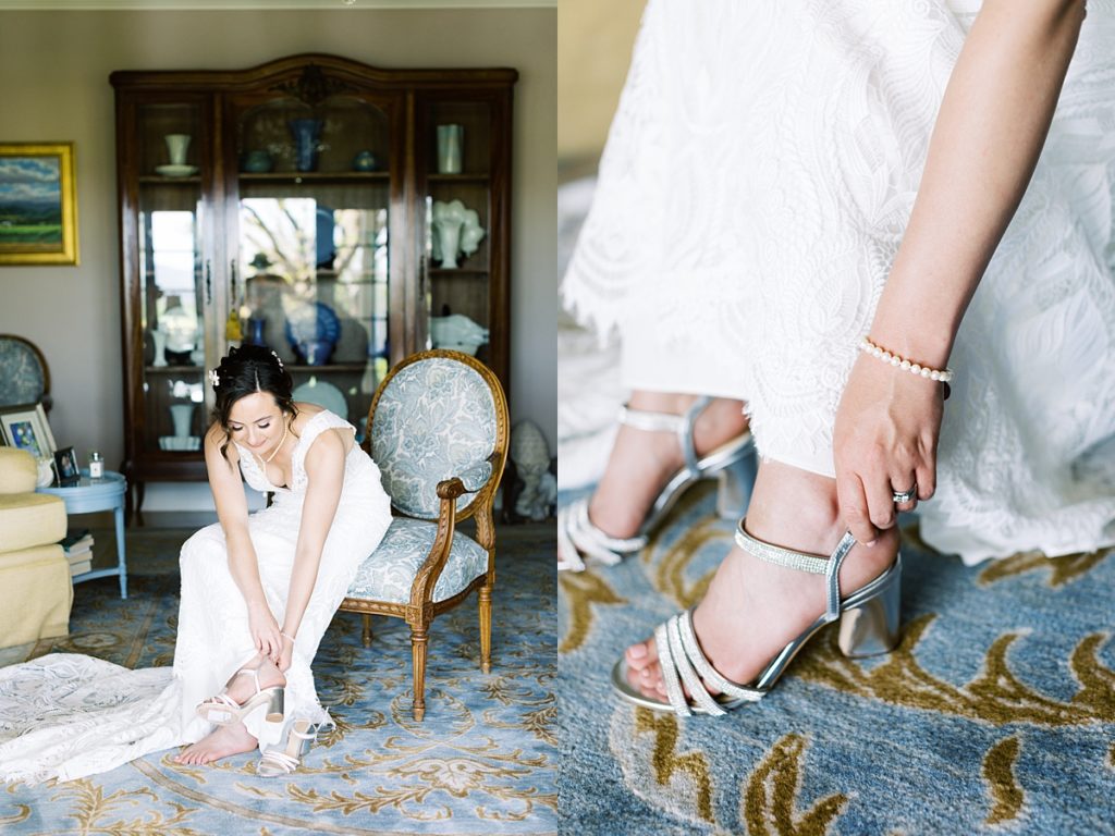 bride putting on her Badgley Mischka wedding shoes by film photographer AGS Photo Art