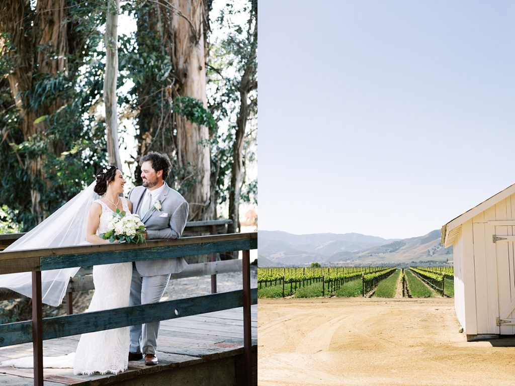 portrait of the bride and groom's first look on a bridge; view of Franscioni-Griva Corporation vineyards by film photographer AGS Photo Art