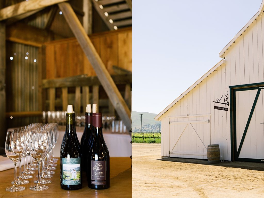 Monterey barn wedding with wines and wine glasses; front of a white barn at Franscioni-Griva Corporation