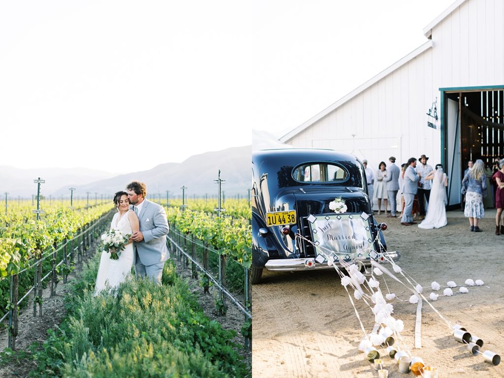 portrait of the bride and groom at Franscioni-Griva Corporation in the vineyard with the mountains behind them; old-fashioned car with a sign on the trunk that says "just married again!" and cans + flowers attached to trail behind
