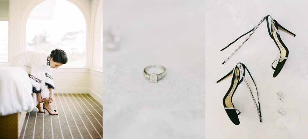 MPCC intimate wedding bridal details such as the bride's feather and gemstone dress by Andrew GN, the ring, and Alexandre Vauthiere shoes by film photographer AGS Photo Art