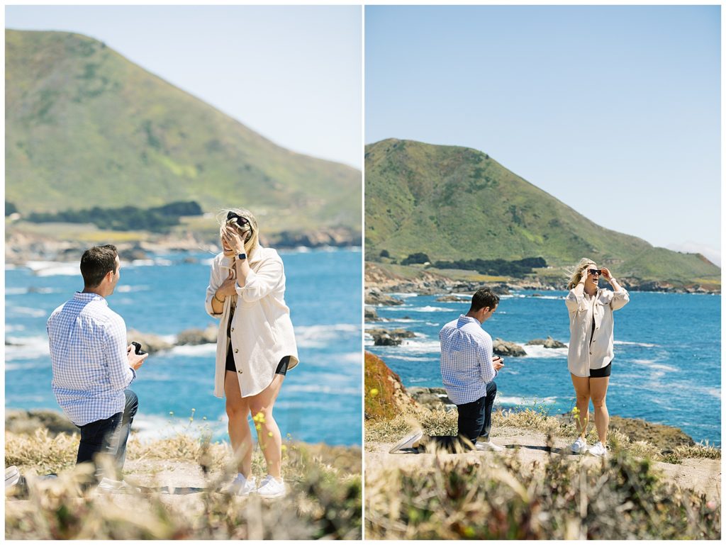 couple's reactions during their surprise proposal in Big Sur