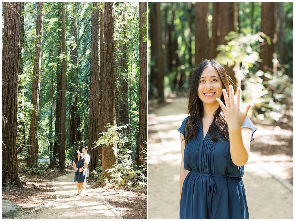 couple portrait in Ventana redwoods; bride to be showing her ring to the camera and smiling