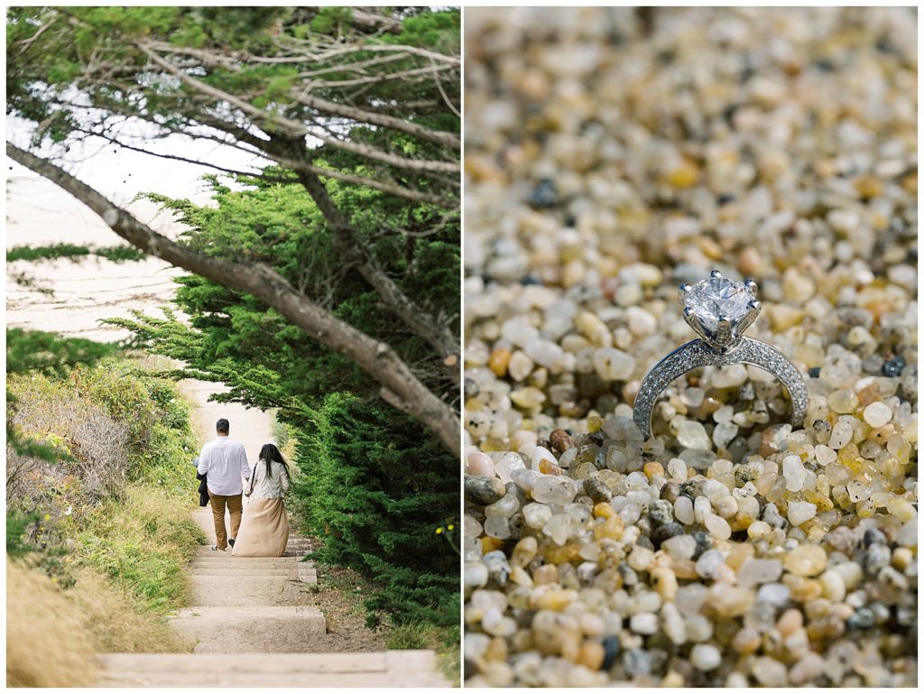 couple walking hand in hand away from the camera down to Carmel by the Sea for their surprise proposal