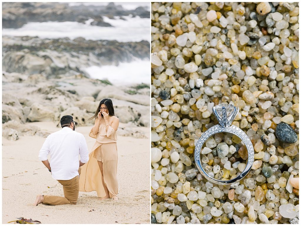 surprise proposal in progress at Carmel by the Sea; photo of round cut ring in the sand