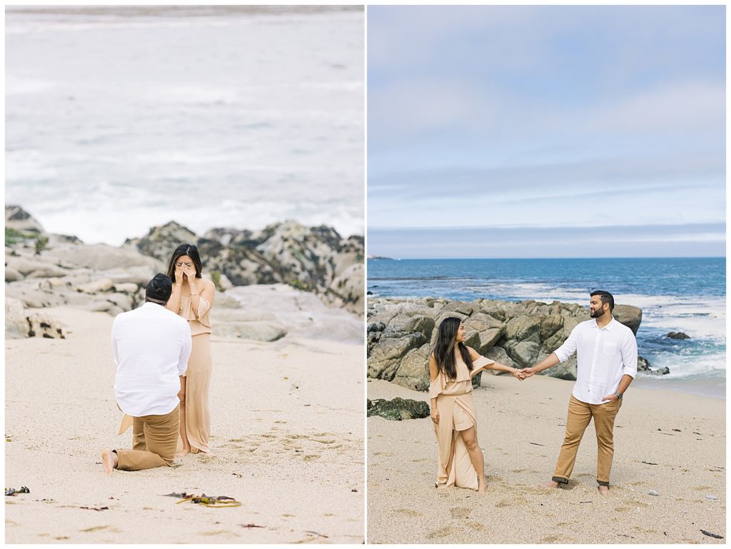 reaction to surprise proposal; couple holding hands and smiling at each other