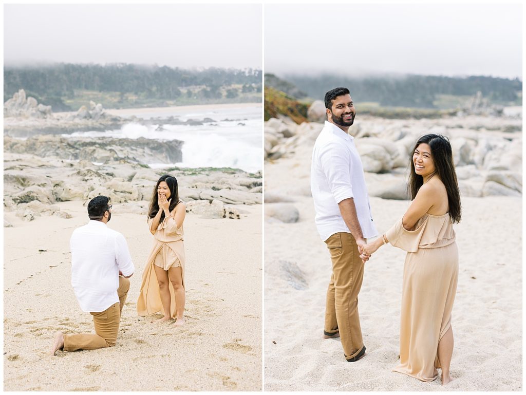 down on one knee popping the question; couple looking over their shoulders with smiling faces at the camera