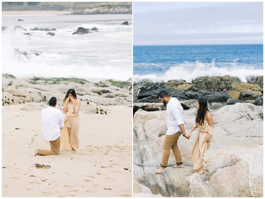 couple at the beach at Carmel by the Sea with the waves crashing behind them