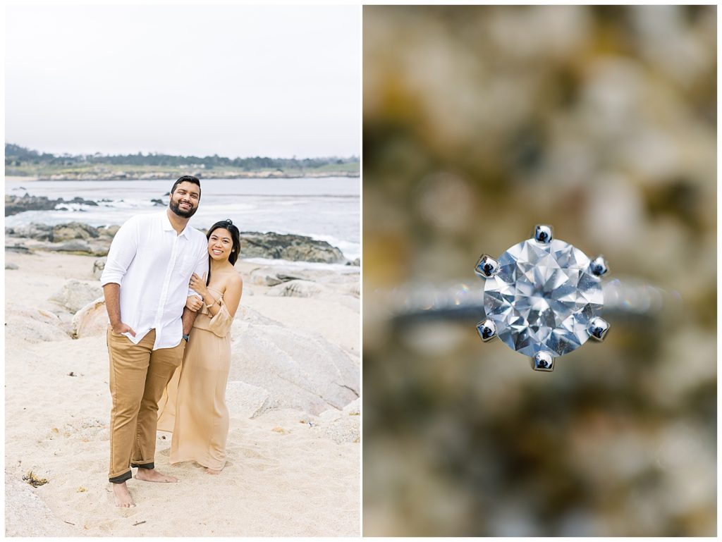 couple portrait plus their engagement ring in the sand