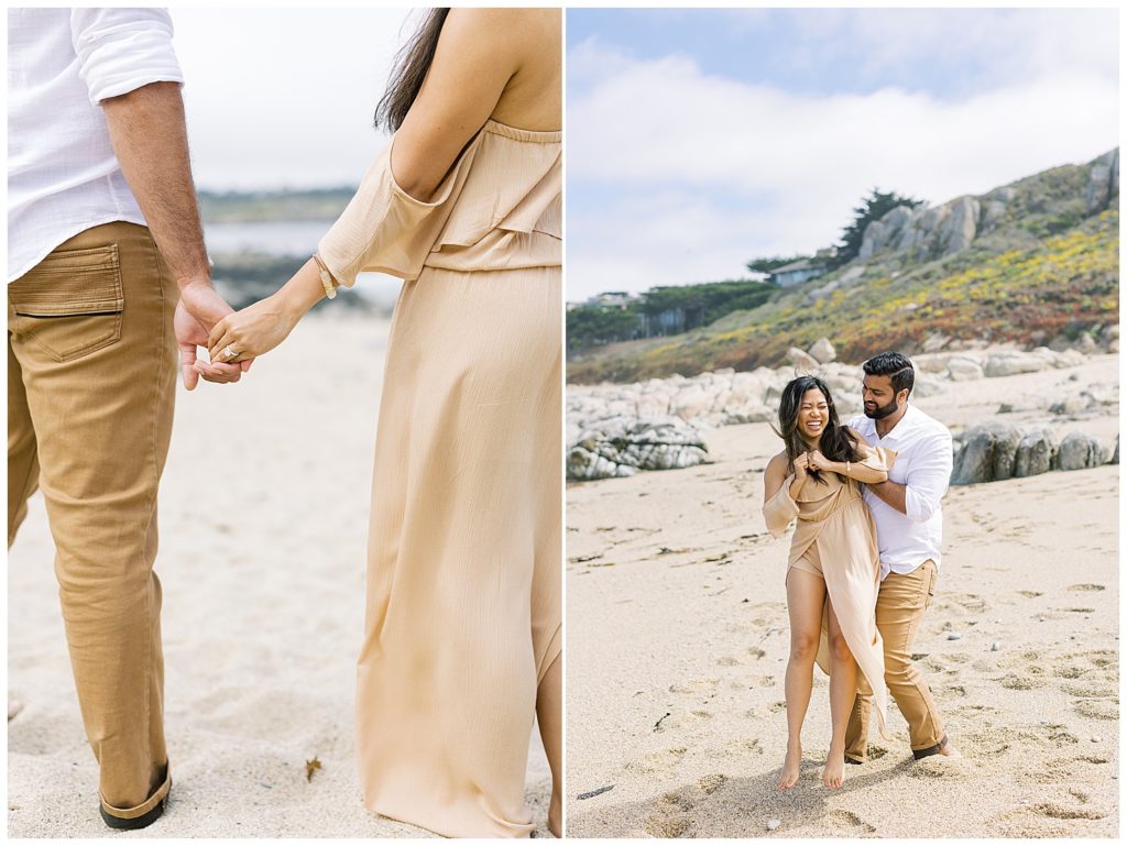 photo of the couple from the shoulders down, hand in hand; playful couple portrait at Carmel by the Sea