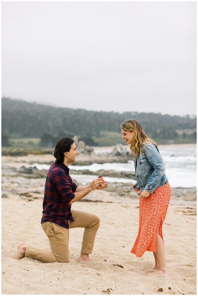 surprise proposal couple at Carmel by the Sea popping the question