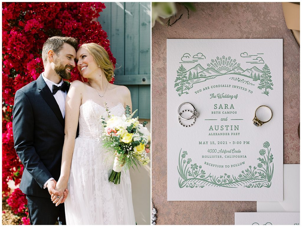 portrait of the bride and groom with blue wood panels and red flowers behind them; green wedding invitation with the bride and groom's rings on them
