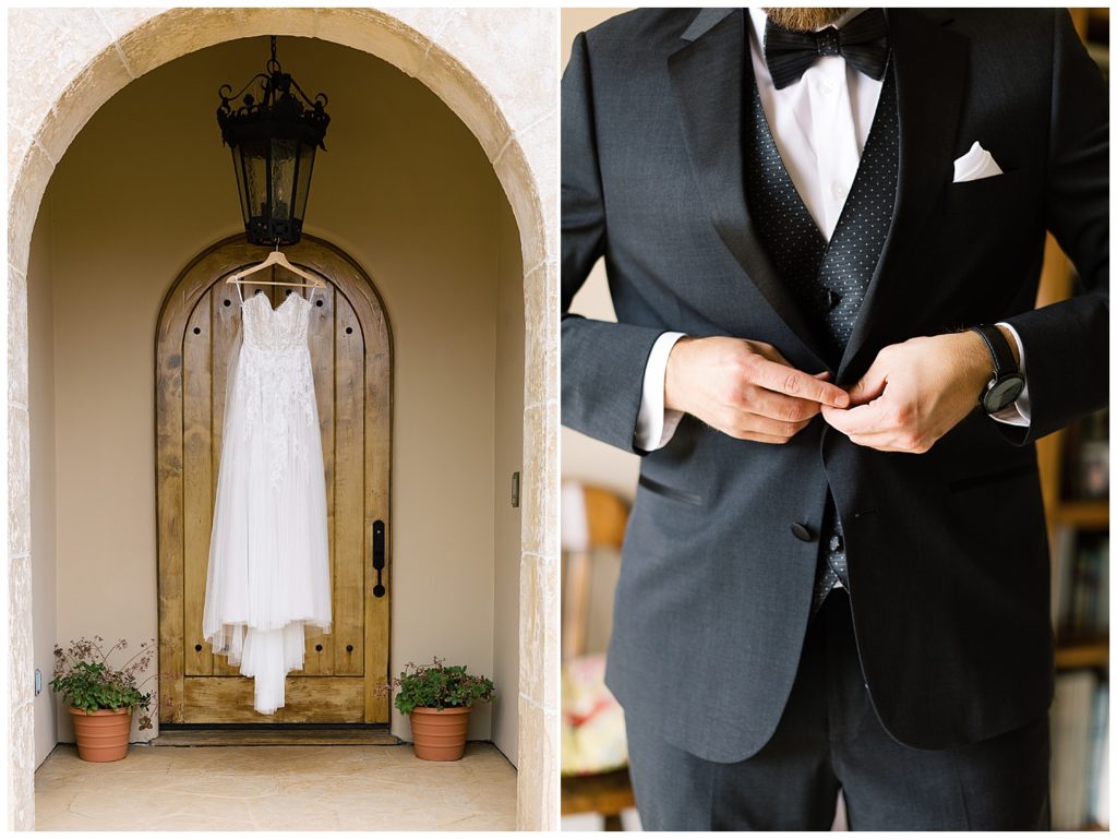 photo of the bride's Anthropologie gown hanging from a lamp under an archway; photo of the groom buttoning up his tux