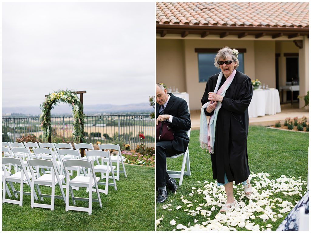 photo of the venue overlooking the mountains; photo of wedding guest smiling