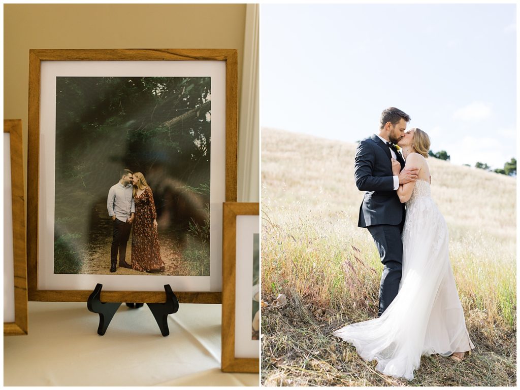 photo of framed picture of the bride and groom's engagement session in Big Sur; photo of the bride and groom sharing a kiss in an open field
