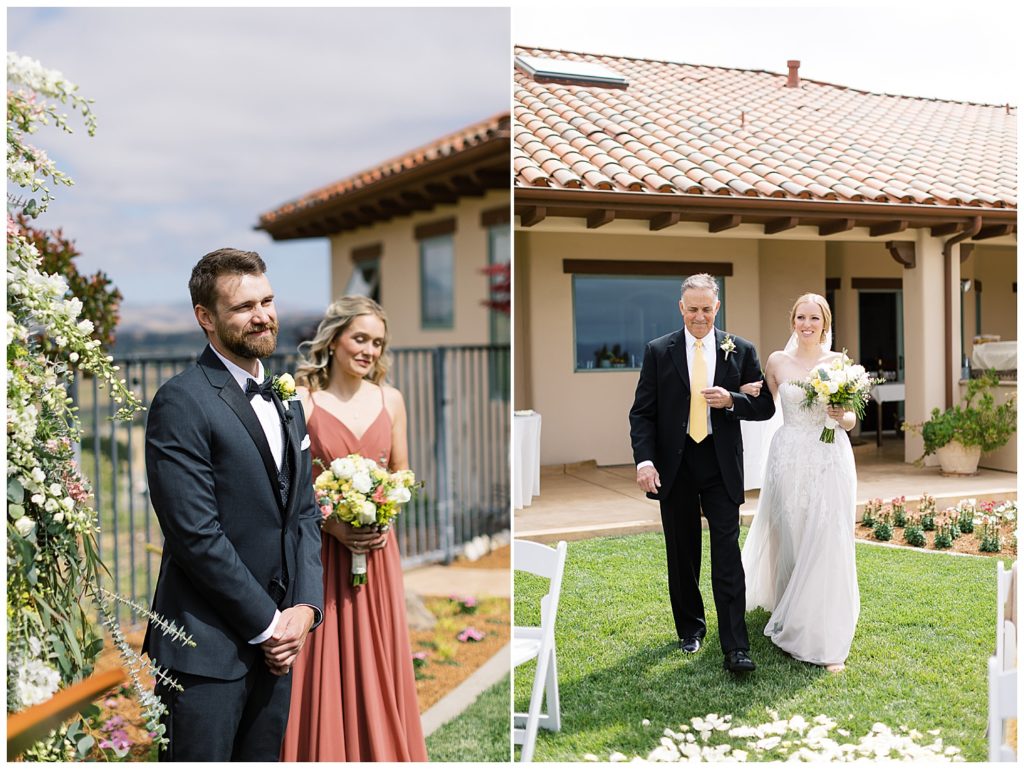 photo of groomsman and bridesmaid; photo of the bride's dad walking her down the aisle