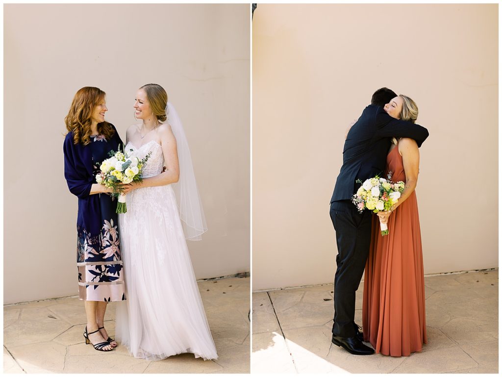 portrait of the bride and her mom; portrait of the groom and bridesmaid
