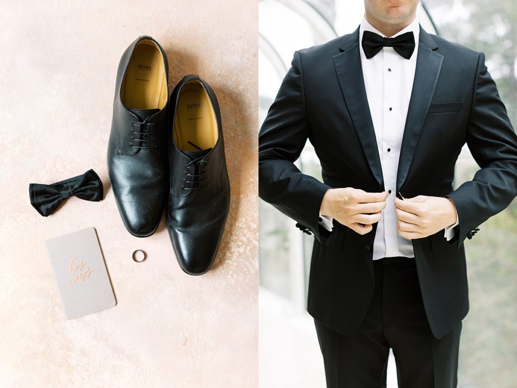 groom's details: shoes, bow tie, ring, his vows; portrait of the groom from the shoulders down buttoning his up tux jacket