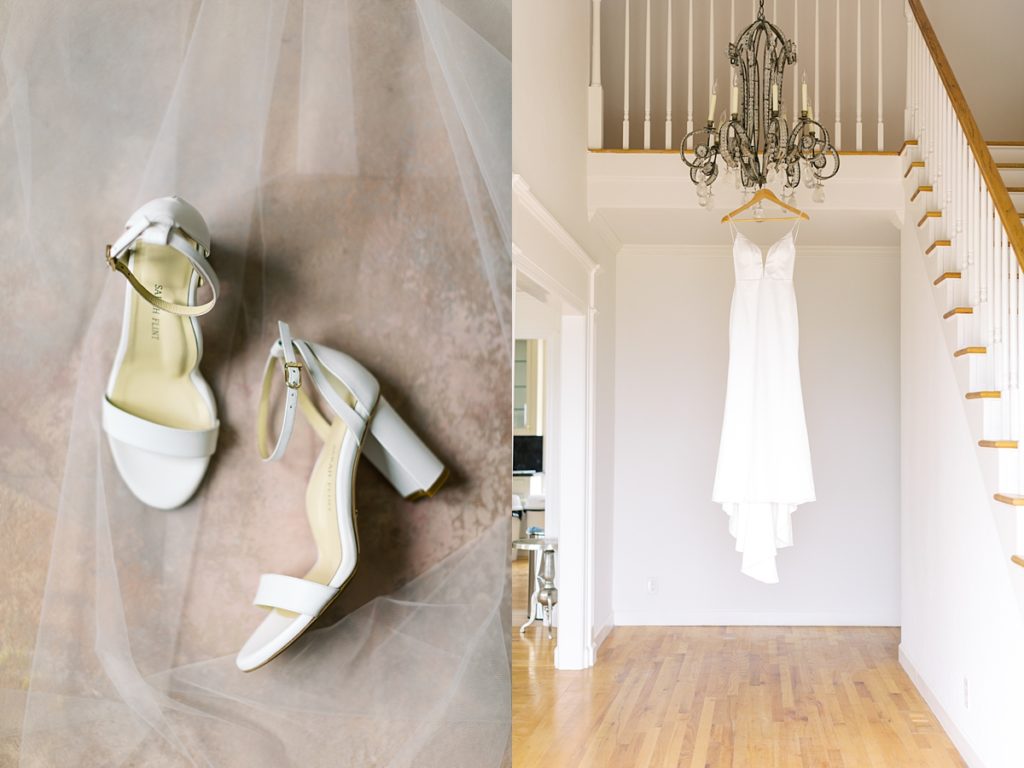 Bride's details: gown hanging from the chandelier, white heels by Sarah Flint,