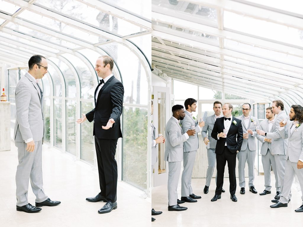 portrait of groom with his groomsmen and champagne