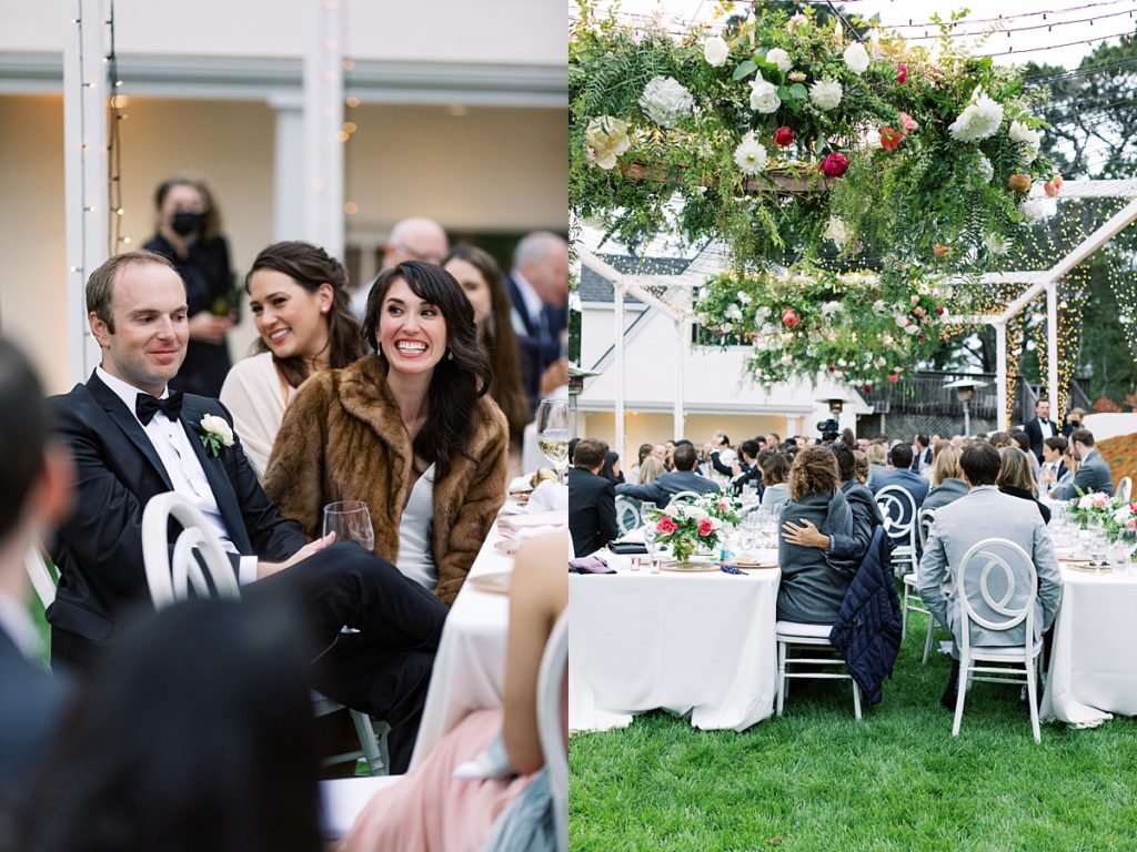 venue details of the bride and groom's private estate in Carmel By The Sea for their wedding; the bride's mink coat from her mother in law, flower chandeliers by Fleurs du Soleil