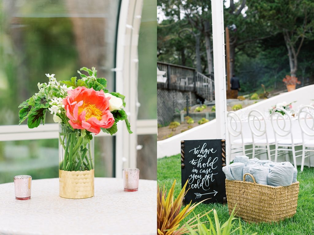 flowers by Fleur du Soleil; basket of blankets next to a sign that reads "to have and to hold in case you get cold" for wedding guests