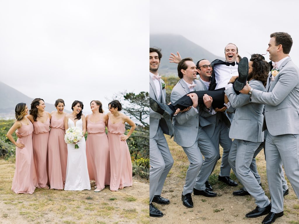 bride and her bridesmaids in blush pink dresses; groom and his groomsmen lifting him up off the ground