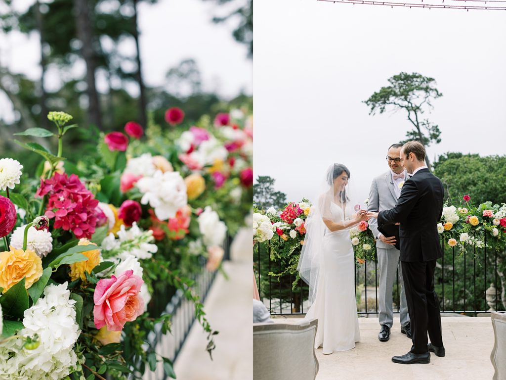 florals by Fleur du Soleil; Luxury Carmel By The Sea Wedding ceremony photo of the bride sliding the groom's ring onto his finger