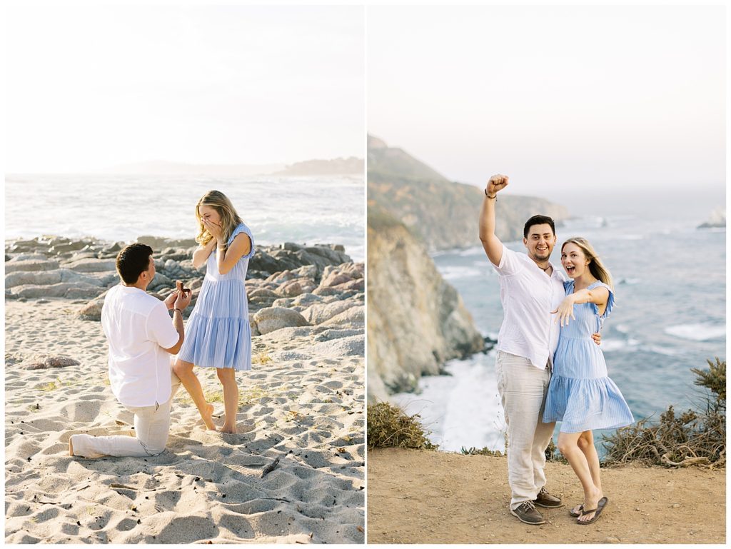 surprise proposal in action on the sand and the couple's smiling faces in Big Sur