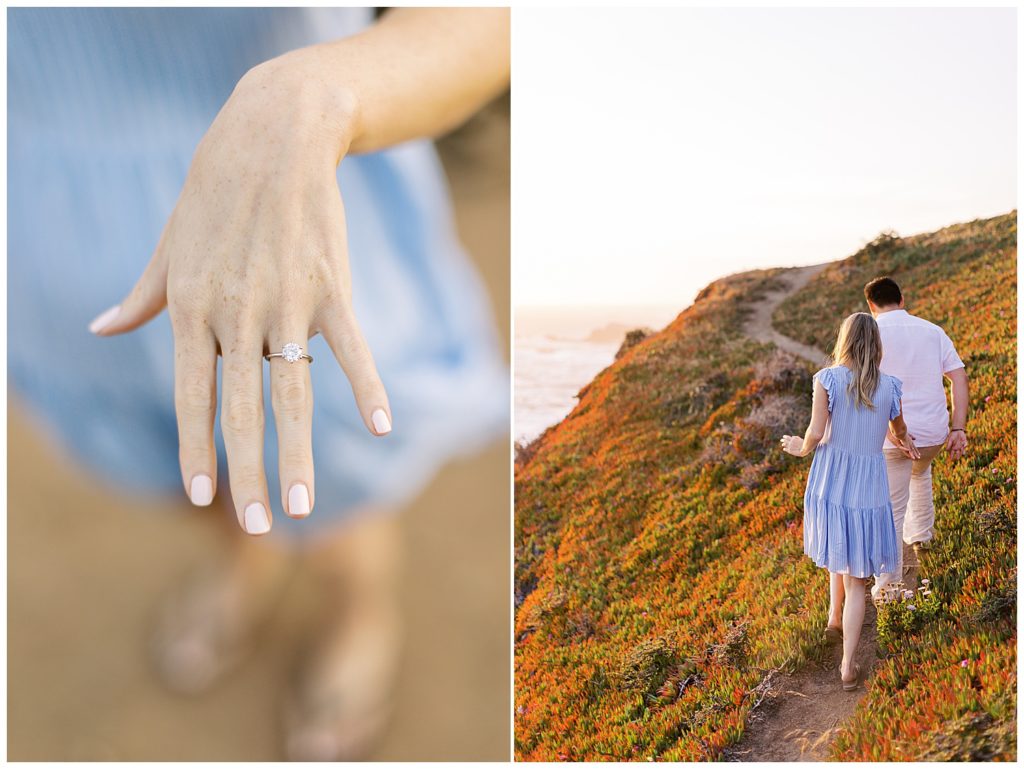 Carmel surprise proposal engagement ring; couple walking away from the photographer on the cliffside