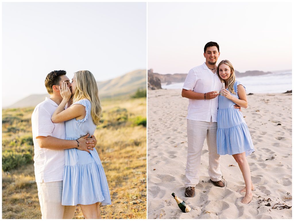 couple sharing a kiss in an open field; couple sharing champagne at the beach with the champagne bottle in the sand